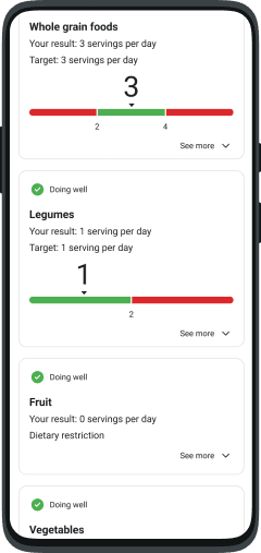 Healthy Futures nutrition tracking with daily targets and progress indicators