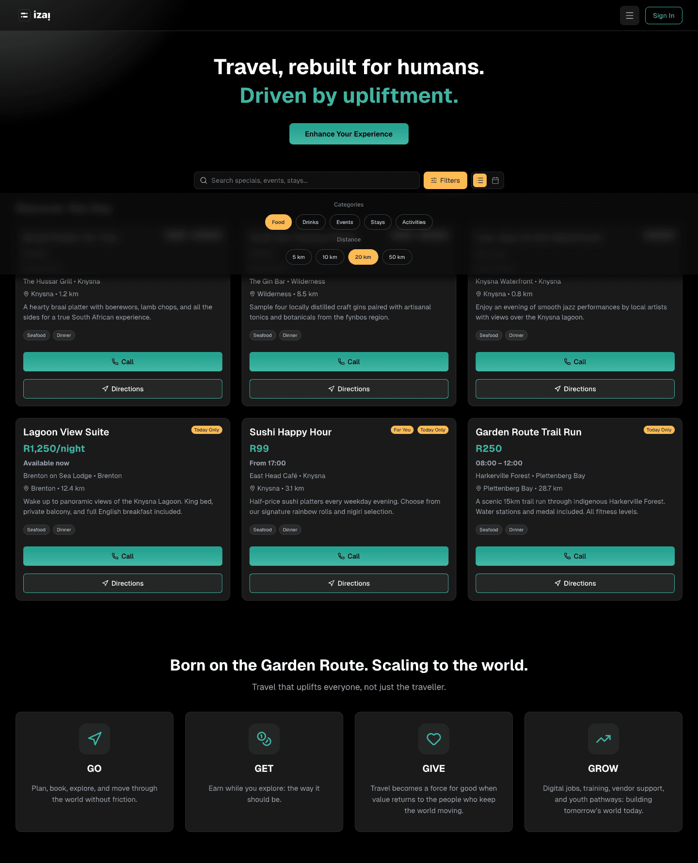 iza! Global landing page with discovery feed, radius-based filtering, and vendor listings