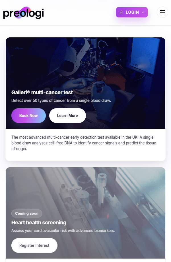 Preologi mobile view: Galleri® promo card with Book Now and Learn More actions